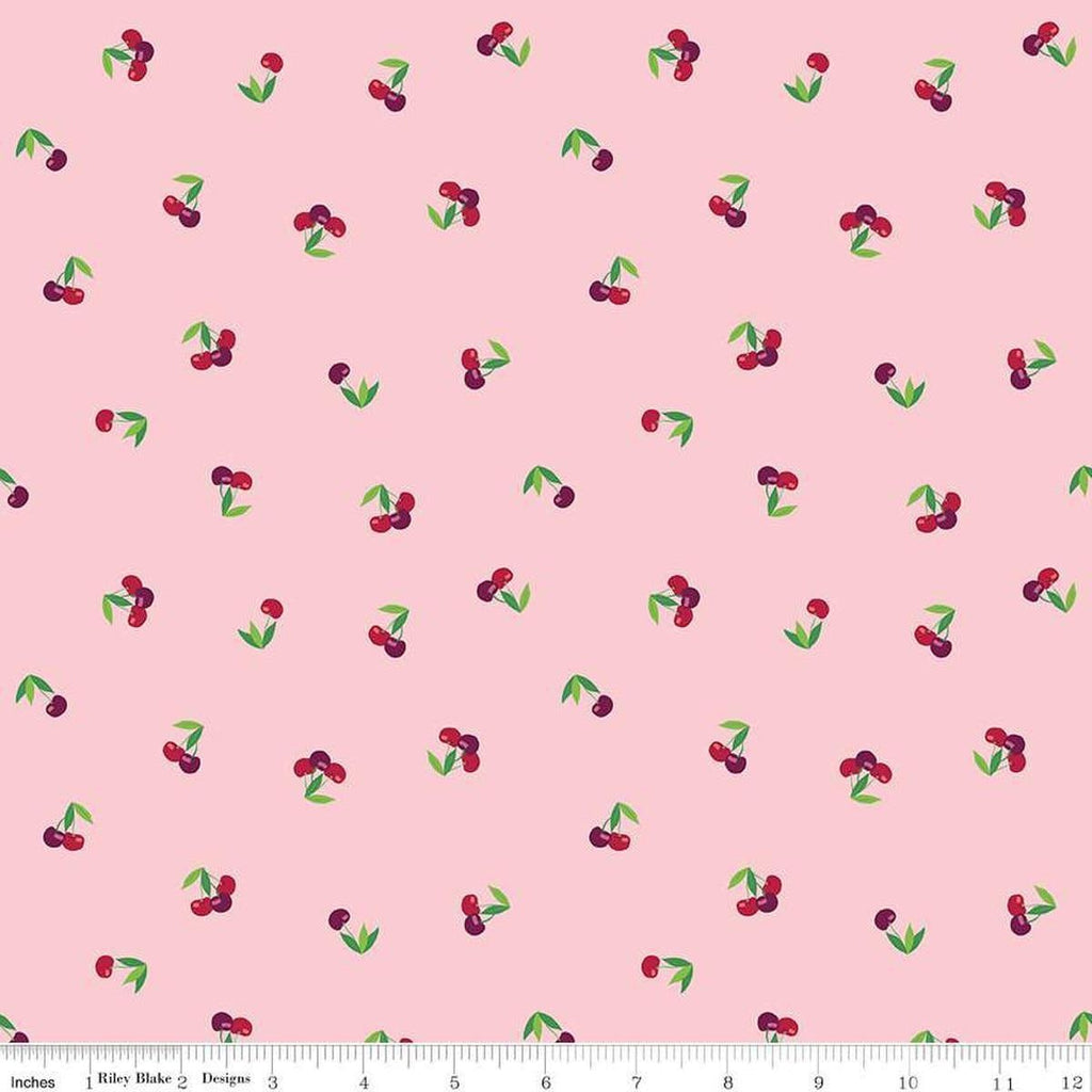 Image of the Cloudburst Cherries Pink quilting cotton fabric by Riley Blake Designs. Features cherries on a pink background. Cute Little Fabric Shop
