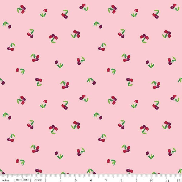 Image of the Cloudburst Cherries Pink quilting cotton fabric by Riley Blake Designs. Features cherries on a pink background. Cute Little Fabric Shop