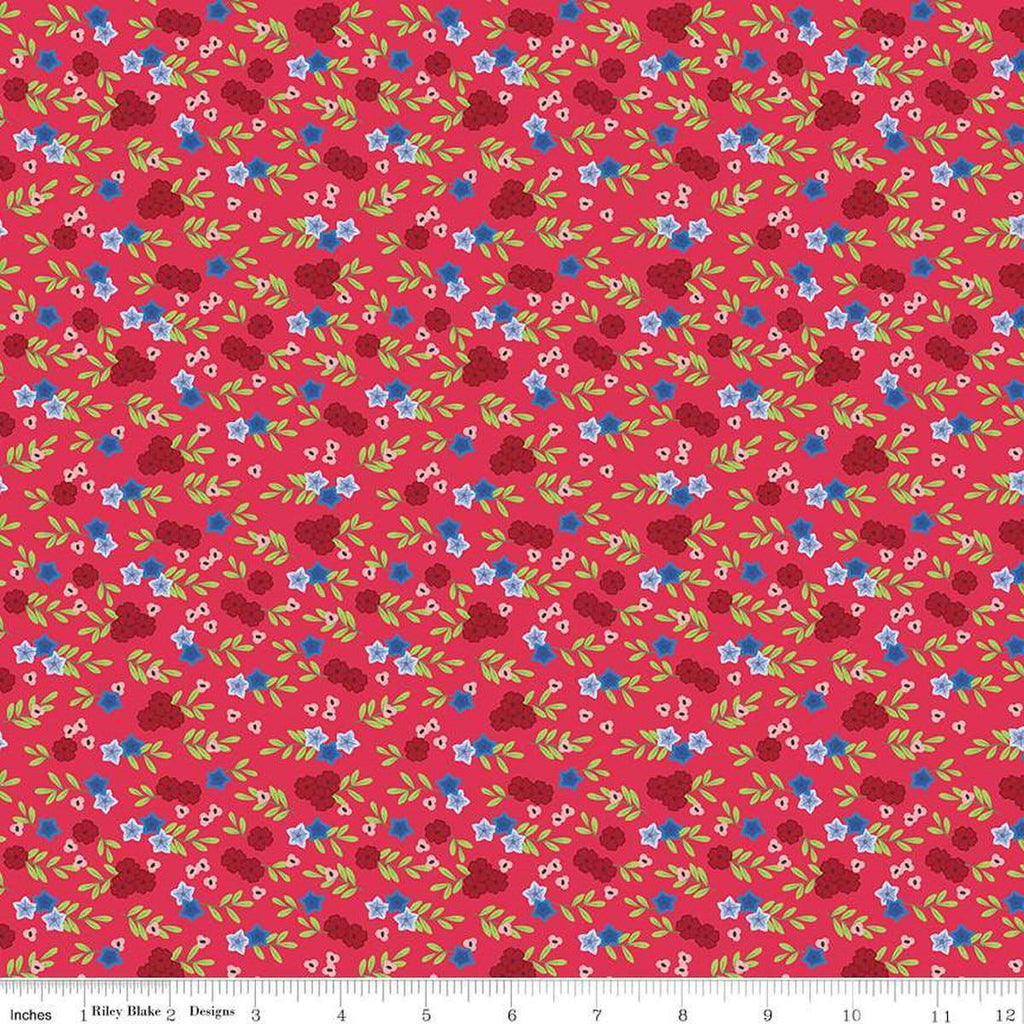 Image of the Cloudburst Floral Red quilting cotton fabric by Riley Blake Designs. Features flowers on a red background. Cute Little Fabric Shop