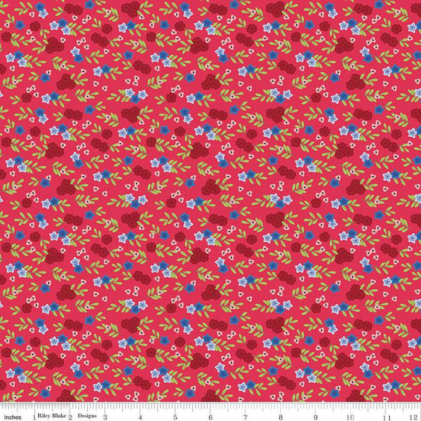 Image of the Cloudburst Floral Red quilting cotton fabric by Riley Blake Designs. Features flowers on a red background. Cute Little Fabric Shop