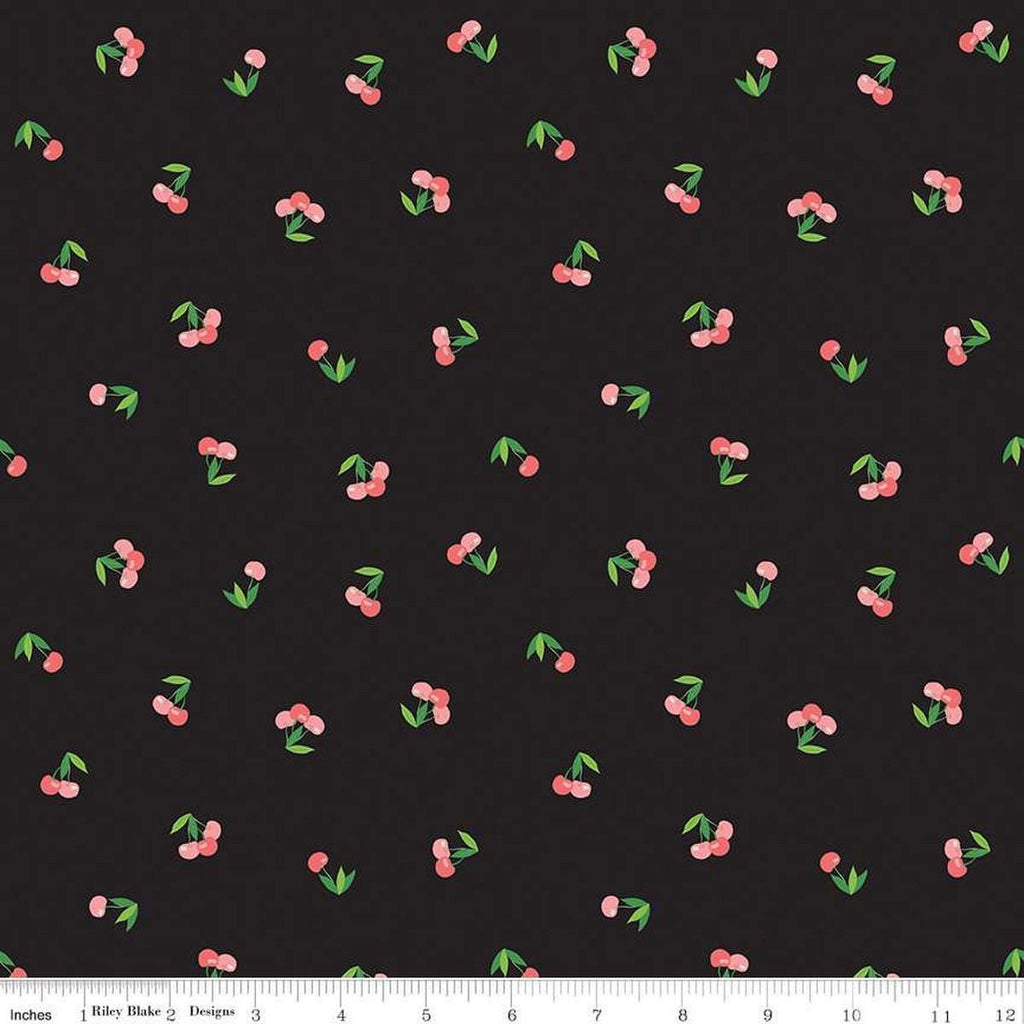 Image of the Cloudburst Cherries Black quilting cotton fabric by Riley Blake Designs. Features cherries on a black background. Cute Little Fabric Shop