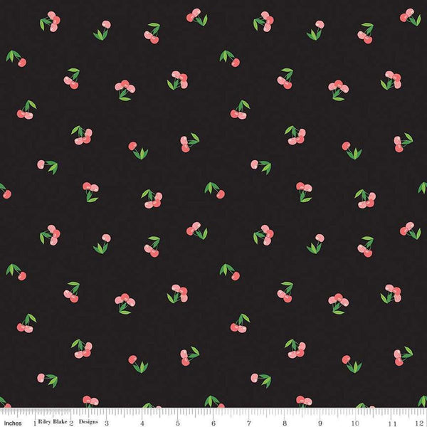 Image of the Cloudburst Cherries Black quilting cotton fabric by Riley Blake Designs. Features cherries on a black background. Cute Little Fabric Shop