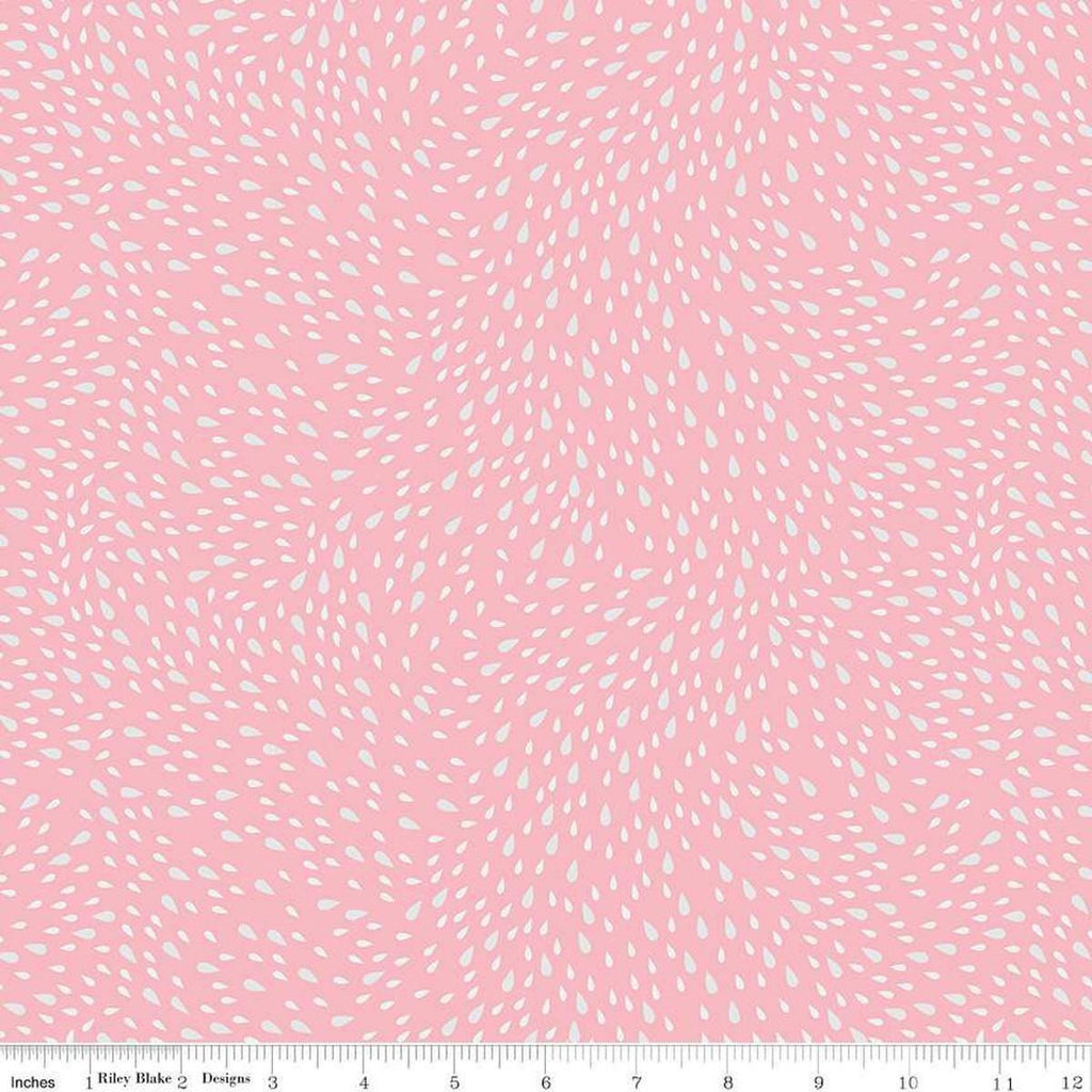 Image of the Cloudburst Rain Pink quilting cotton fabric by Riley Blake Designs. Features raindrops on a pink background. Cute Little Fabric Shop