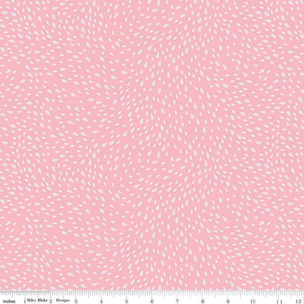 Image of the Cloudburst Rain Pink quilting cotton fabric by Riley Blake Designs. Features raindrops on a pink background. Cute Little Fabric Shop