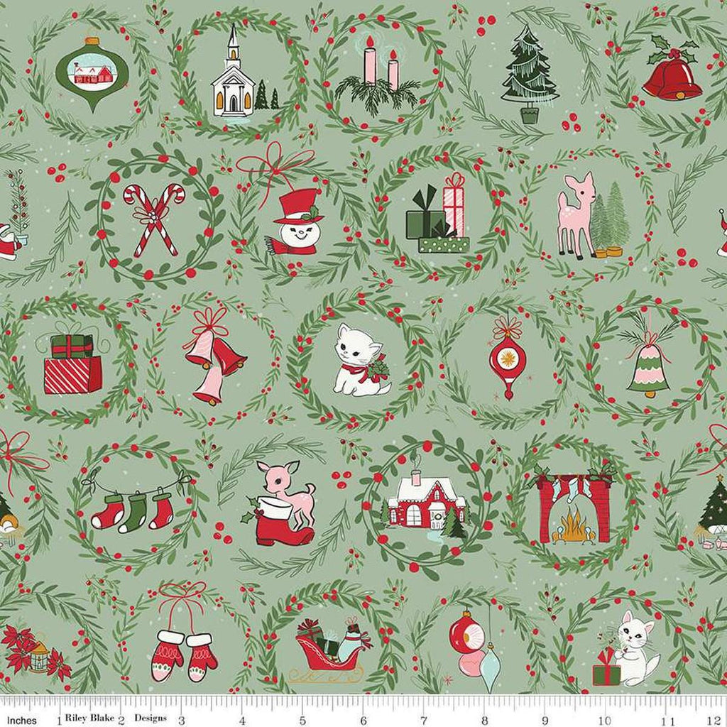Image of the Covered Bridges in Fall Toile Sage quilting cotton fabric by Riley Blake Designs. Features bridges on a green background. Cute Little Fabric Shop