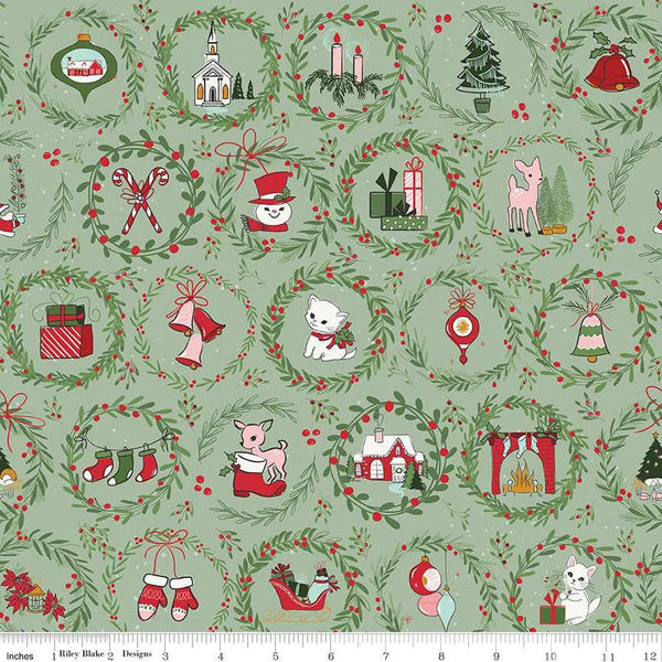 Image of the Covered Bridges in Fall Toile Sage quilting cotton fabric by Riley Blake Designs. Features bridges on a green background. Cute Little Fabric Shop