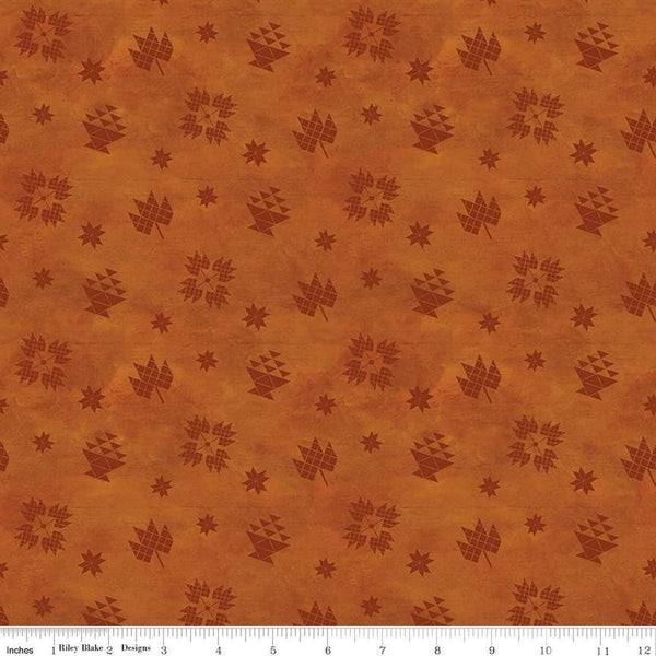 Image of the Covered Bridges in Fall Block Toss Orange quilting cotton fabric by Riley Blake Designs. Features blocks on an orange background. Cute Little Fabric Shop