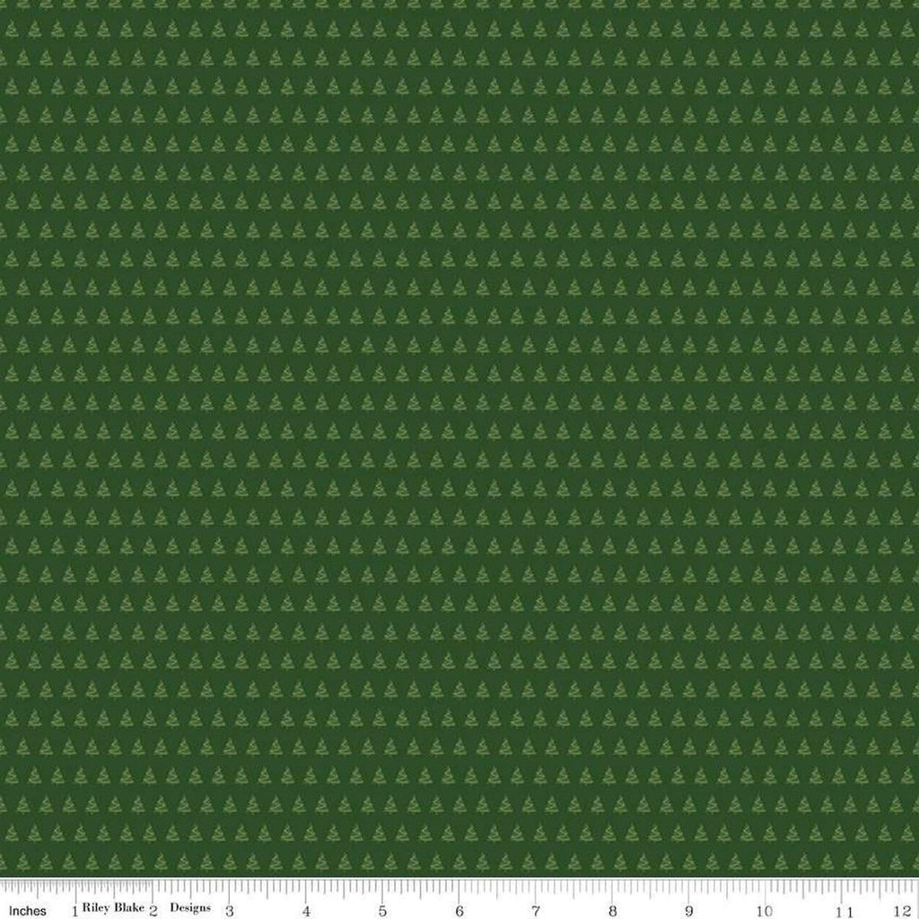Image of the More Christmas Wishes Trees Forest quilting cotton fabric by Riley Blake Designs. Features trees on a green background. Cute Little Fabric Shop