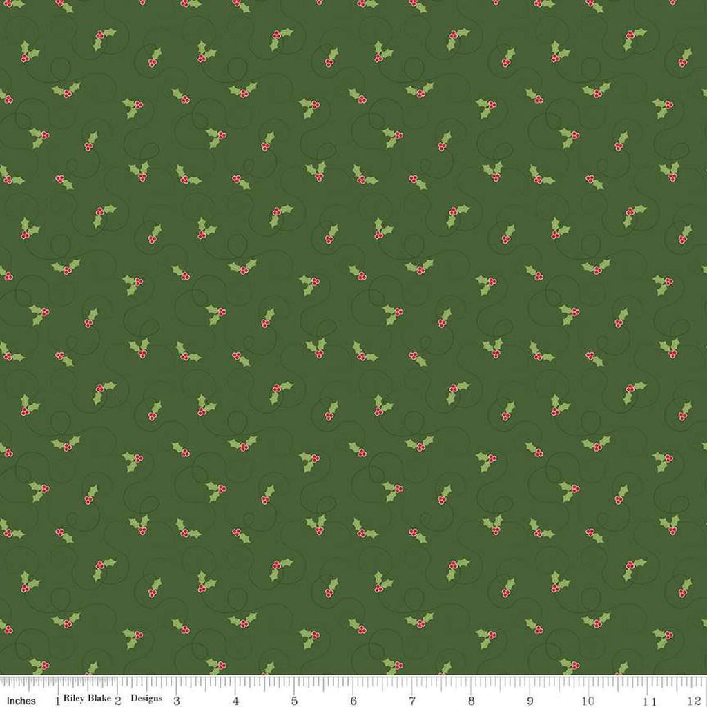 Image of the More Christmas Wishes Holly Green quilting cotton fabric by Riley Blake Designs. Features holly on a green background. Cute Little Fabric Shop