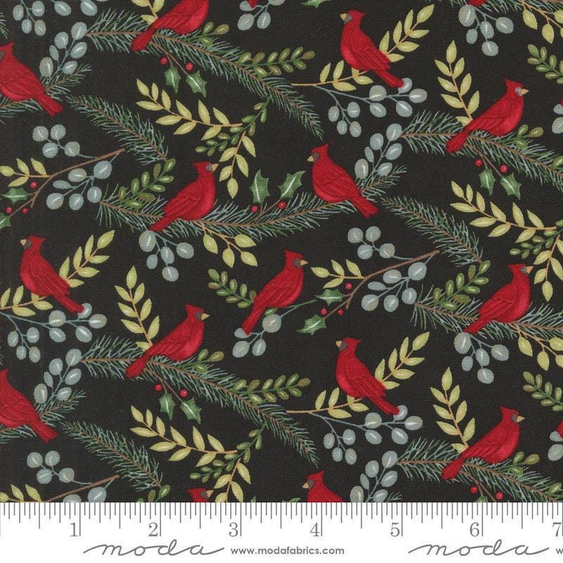 Image of the Winter Friends Cardinals Charcoal Black quilting cotton fabric by Moda Fabrics. Features birds on a black background. Cute Little Fabric Shop