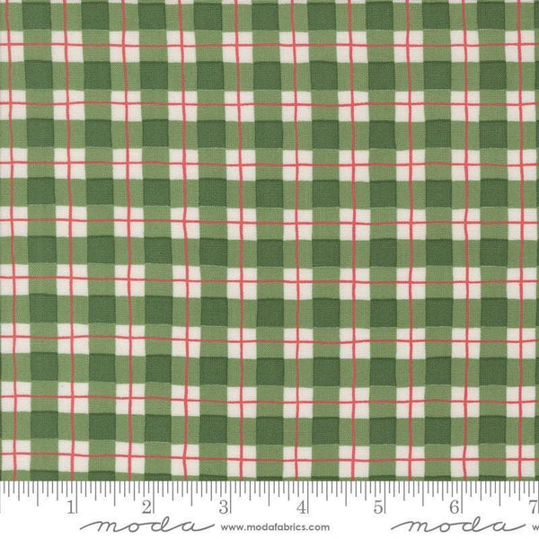 Image of the Winter Friends Plaid Spruce quilting cotton fabric by Moda Fabrics. Features checks on a green background. Cute Little Fabric Shop