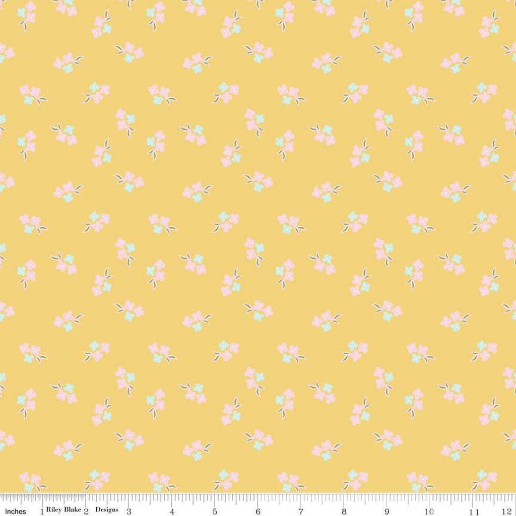 Image of the Summer Skies and Fireflies Floral Yellow Quilting Cotton Fabric by Riley Blake Designs. Features flowers on a yellow background. Cute Little Fabric Shop