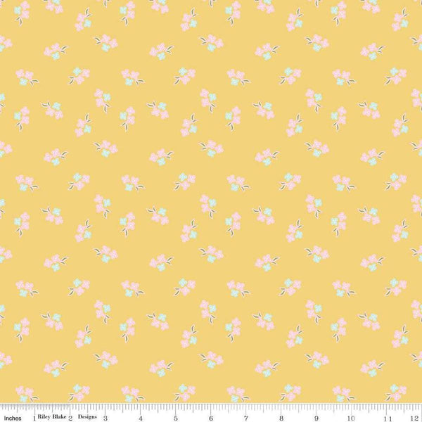 Image of the Summer Skies and Fireflies Floral Yellow Quilting Cotton Fabric by Riley Blake Designs. Features flowers on a yellow background. Cute Little Fabric Shop