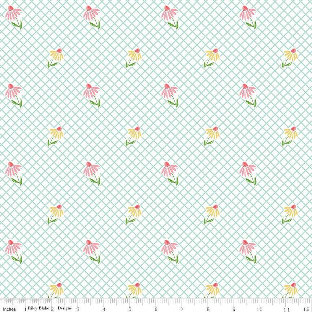 Image of the Summer Skies and Fireflies Cone Flowers White Quilting Cotton Fabric by Riley Blake Designs. Features grid lines on a white background. Cute Little Fabric Shop