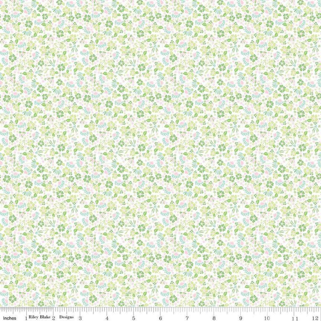 Image of the Summer Skies and Fireflies Garden White Quilting Cotton Fabric by Riley Blake Designs. Features flowers on a white background. Cute Little Fabric Shop