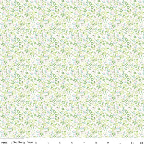 Image of the Summer Skies and Fireflies Garden White Quilting Cotton Fabric by Riley Blake Designs. Features flowers on a white background. Cute Little Fabric Shop