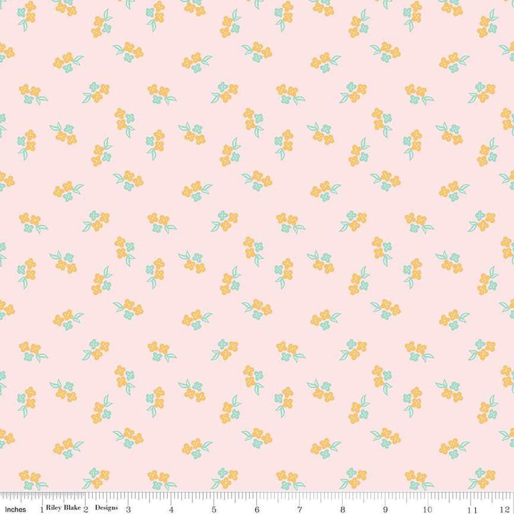 Image of the Summer Skies and Fireflies Raspberries Pink Quilting Cotton Fabric by Riley Blake Designs. Features raspberries on a pink background. Cute Little Fabric Shop