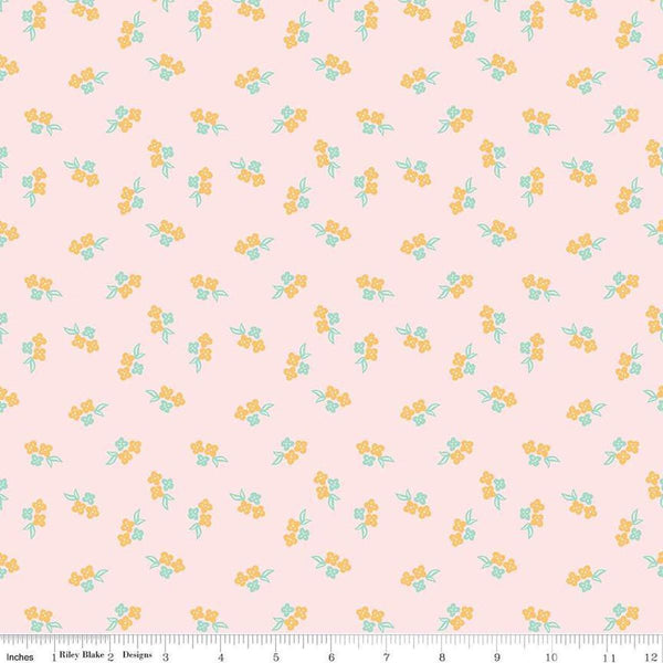 Image of the Summer Skies and Fireflies Raspberries Pink Quilting Cotton Fabric by Riley Blake Designs. Features raspberries on a pink background. Cute Little Fabric Shop