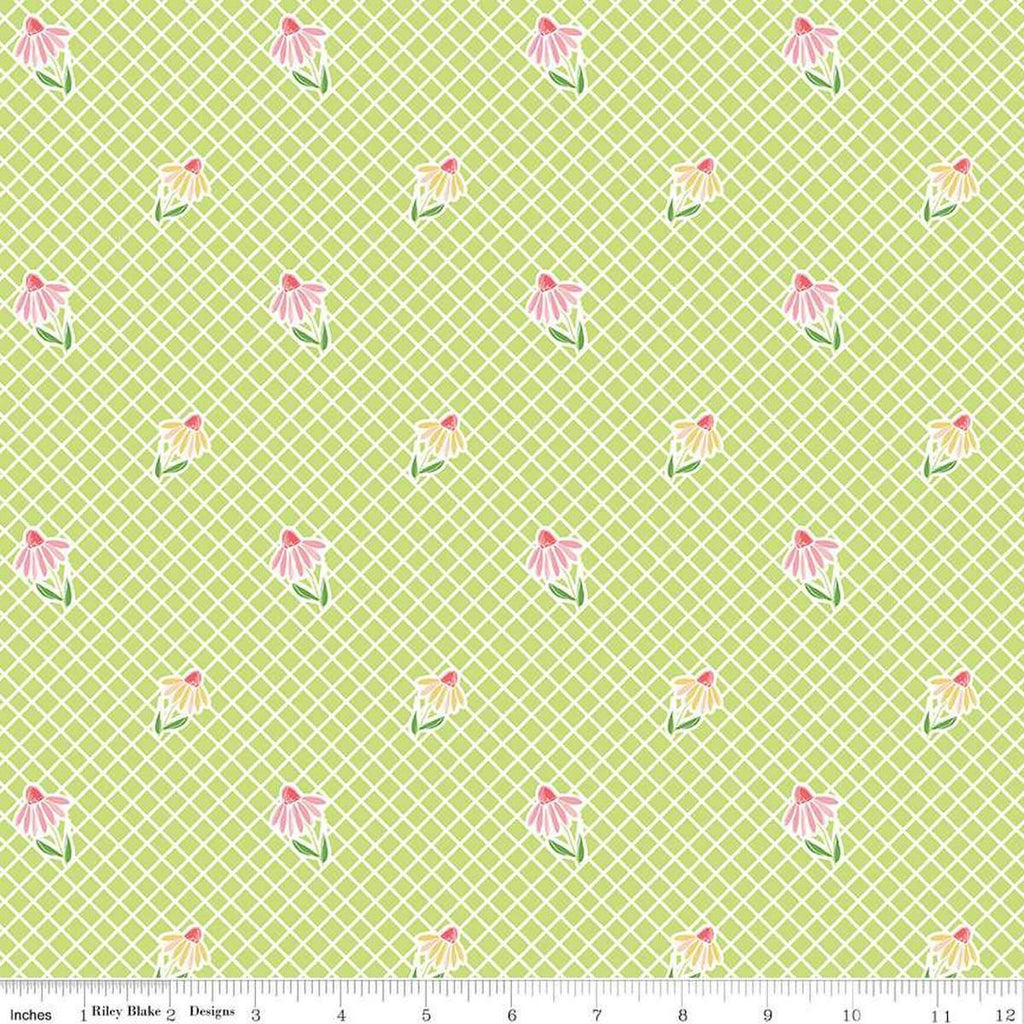 Image of the Summer Skies and Fireflies Cone Flowers Lime Quilting Cotton Fabric by Riley Blake Designs. Features grid lines on a green background. Cute Little Fabric Shop