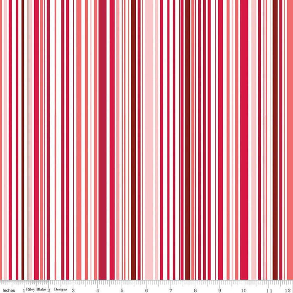 Image of the Cloudburst Stripe Red quilting cotton fabric by Riley Blake Designs. Features stripes on a red background. Cute Little Fabric Shop