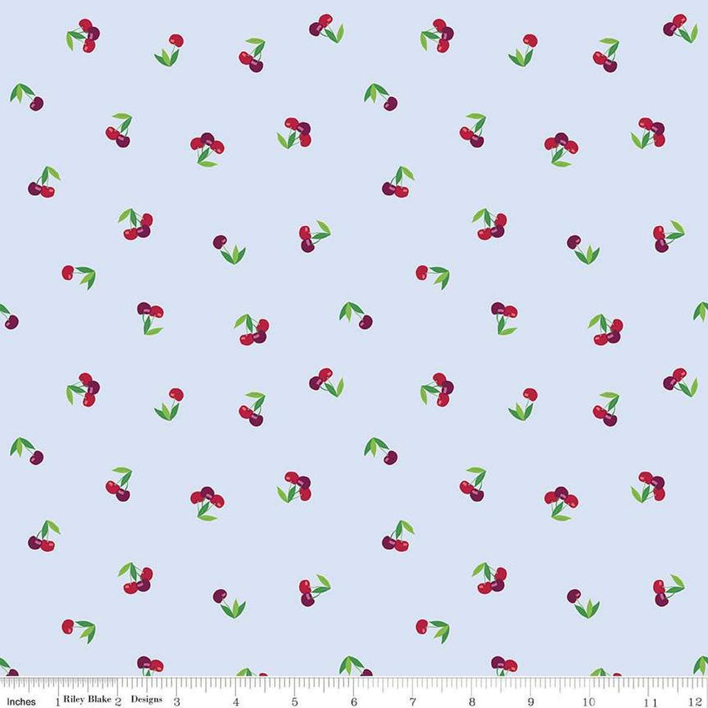 Image of the Cloudburst Cherries Mist quilting cotton fabric by Riley Blake Designs. Features cherries on a white background. Cute Little Fabric Shop