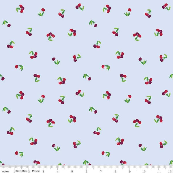 Image of the Cloudburst Cherries Mist quilting cotton fabric by Riley Blake Designs. Features cherries on a white background. Cute Little Fabric Shop