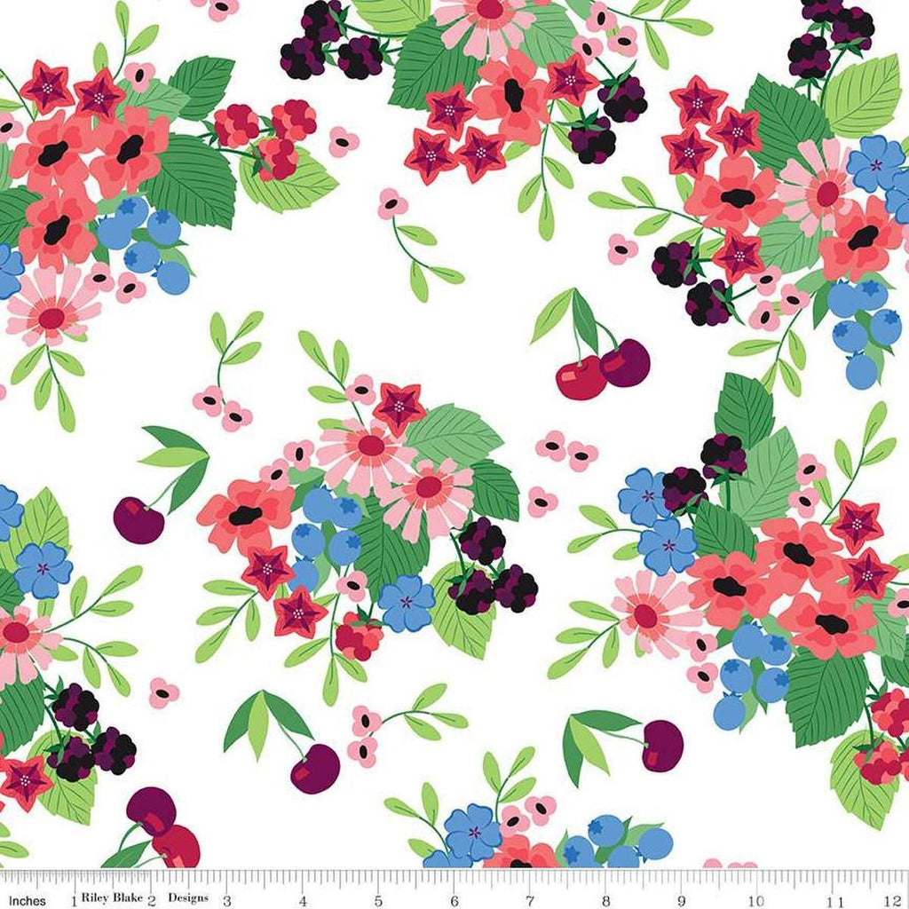 Image of the Cloudburst Main White quilting cotton fabric by Riley Blake Designs. Features cherries on a white background. Cute Little Fabric Shop