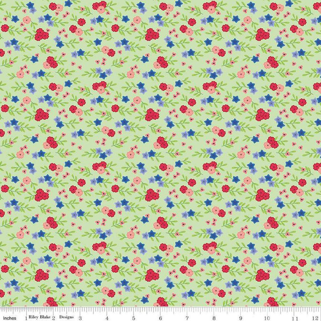 Image of the Cloudburst Floral Green quilting cotton fabric by Riley Blake Designs. Features flowers on a green background. Cute Little Fabric Shop
