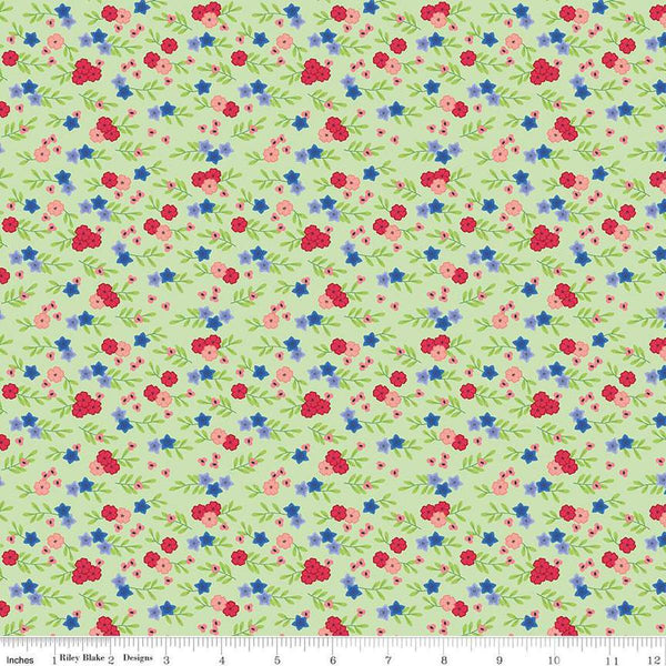 Image of the Cloudburst Floral Green quilting cotton fabric by Riley Blake Designs. Features flowers on a green background. Cute Little Fabric Shop
