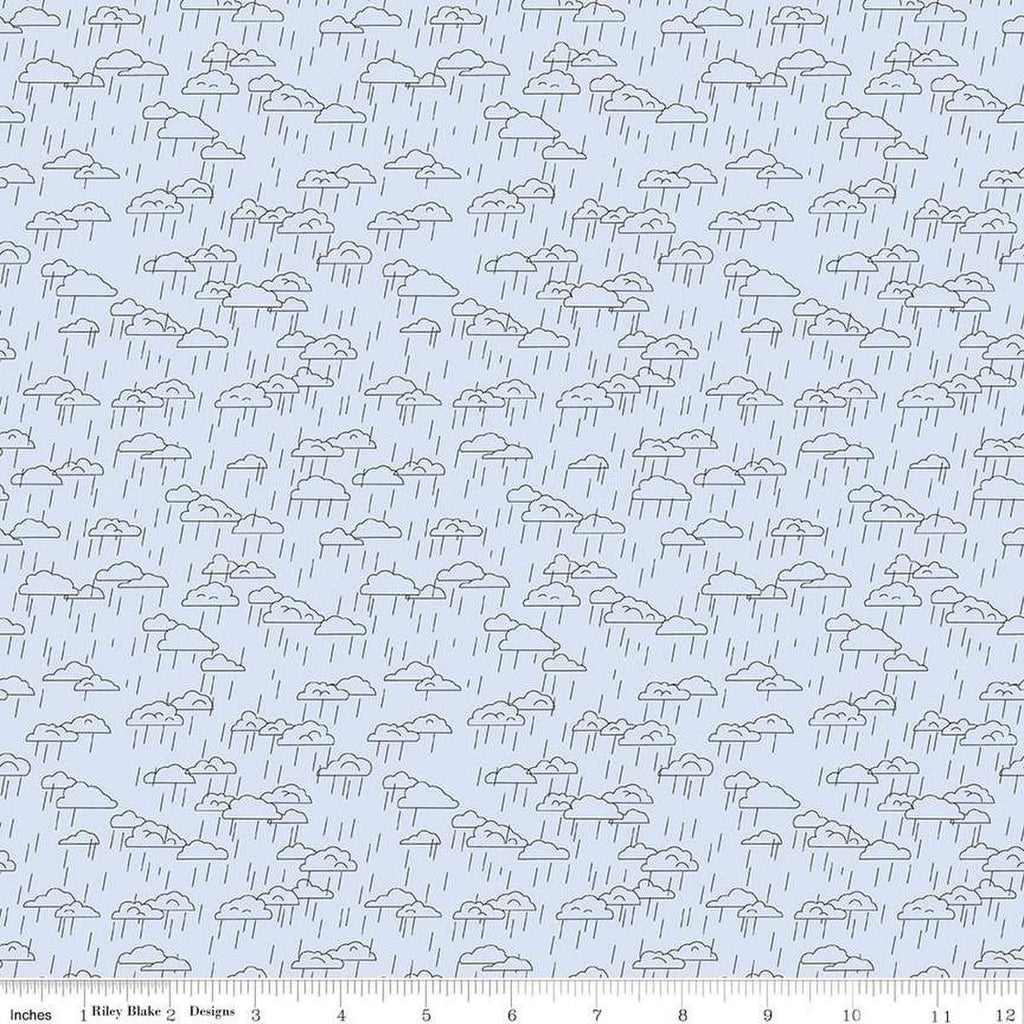 Image of the Cloudburst Clouds Mist quilting cotton fabric by Riley Blake Designs. Features clouds on a white background. Cute Little Fabric Shop