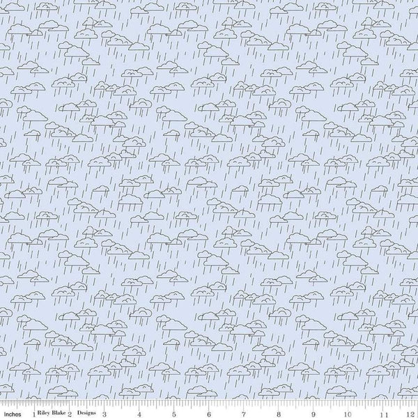 Image of the Cloudburst Clouds Mist quilting cotton fabric by Riley Blake Designs. Features clouds on a white background. Cute Little Fabric Shop