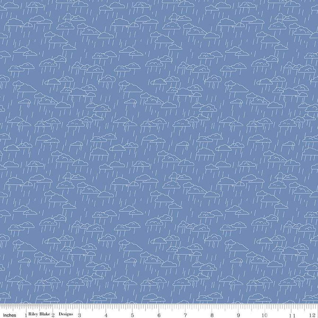 Image of the Cloudburst Clouds Blue quilting cotton fabric by Riley Blake Designs. Features clouds on a blue background. Cute Little Fabric Shop