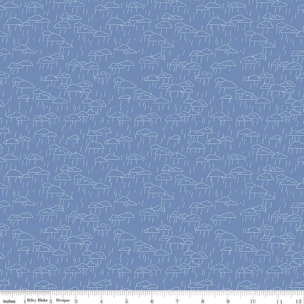 Image of the Cloudburst Clouds Blue quilting cotton fabric by Riley Blake Designs. Features clouds on a blue background. Cute Little Fabric Shop