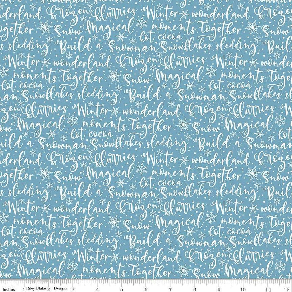 Image of the Winter Magic Winter Words Blue quilting cotton fabric by Riley Blake Designs. Features words on a blue background. Cute Little Fabric Shop