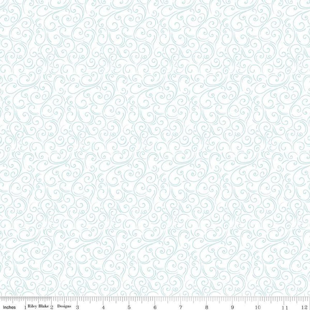 Image of the Winter Magic Swirls White quilting cotton fabric by Riley Blake Designs. Features swirls on a white background. Cute Little Fabric Shop