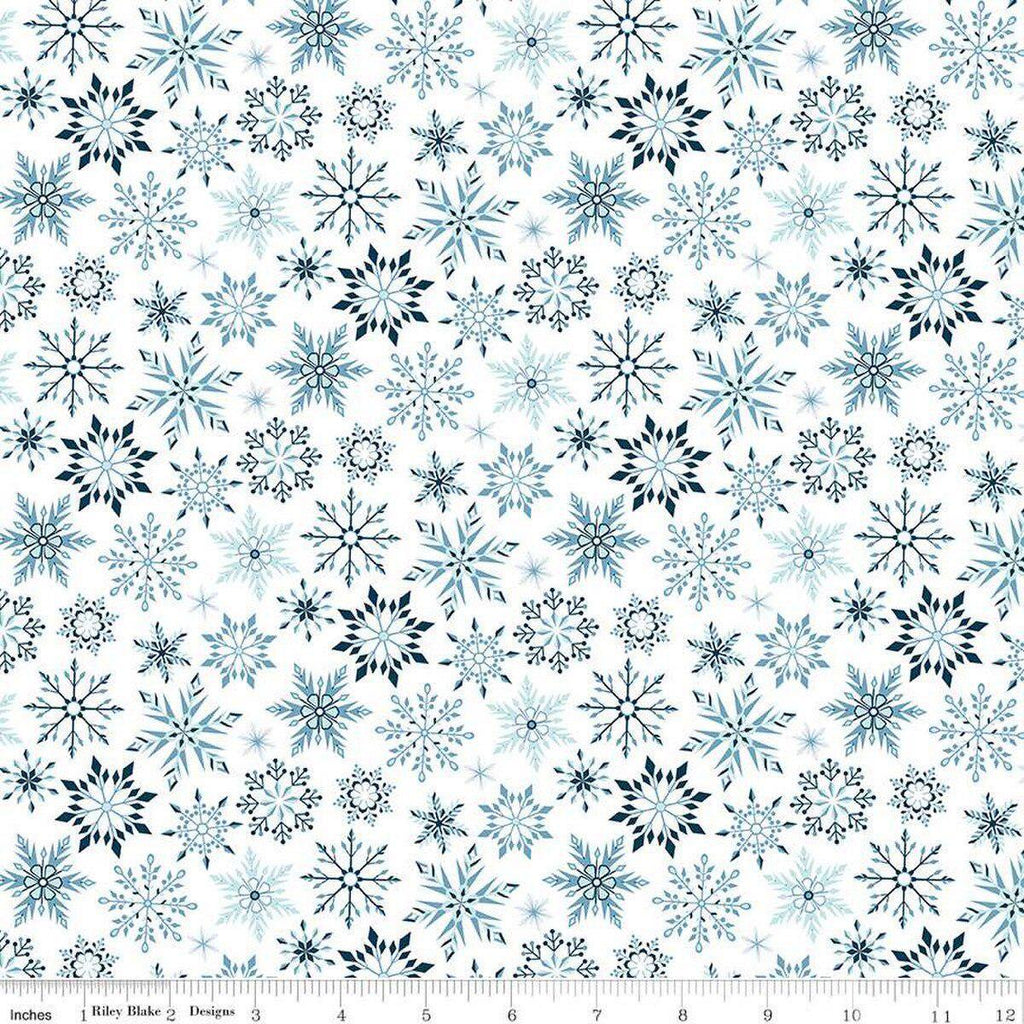 Image of the Winter Magic Snowflakes White quilting cotton fabric by Riley Blake Designs. Features snowflakes on a white background. Cute Little Fabric Shop