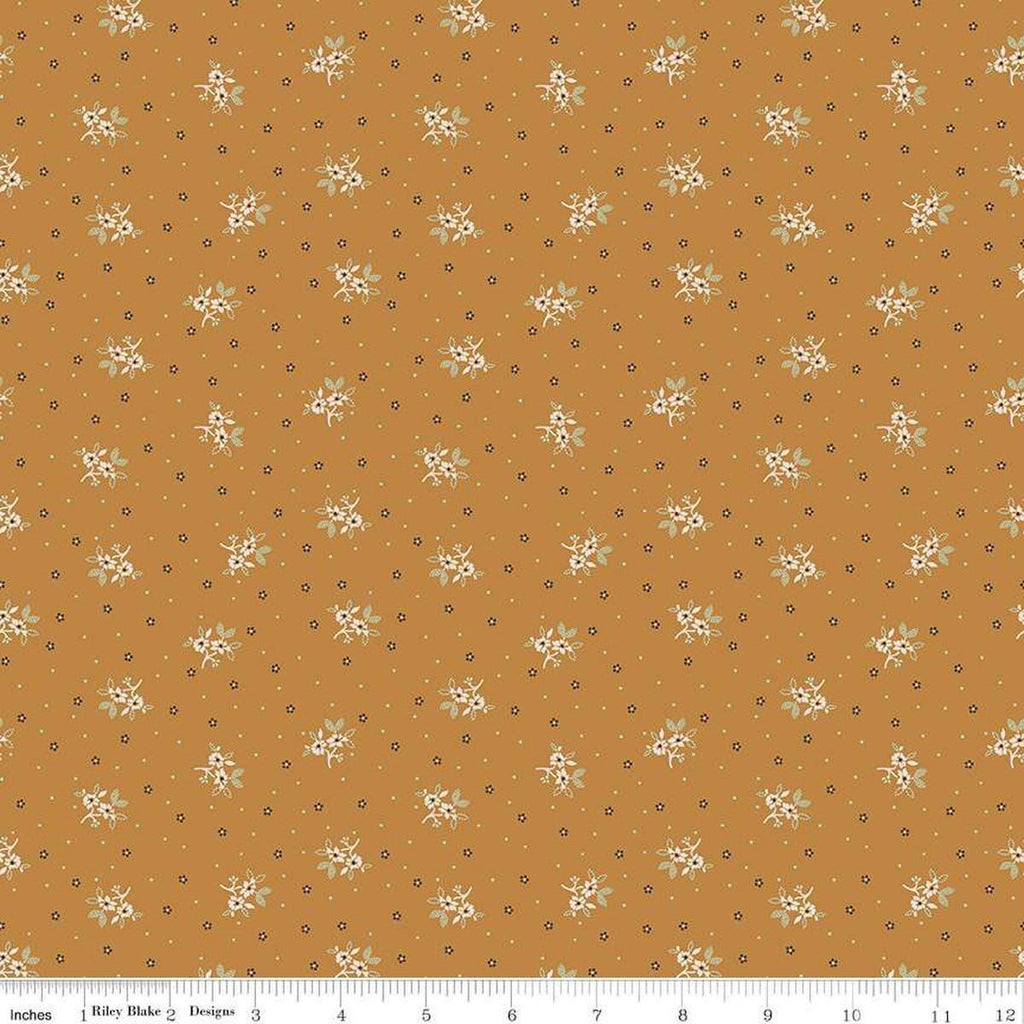 Image of the Gentler Times Lovely Butterscotch quilting cotton fabric by Riley Blake Designs. Features flowers on a tan background. Cute Little Fabric Shop