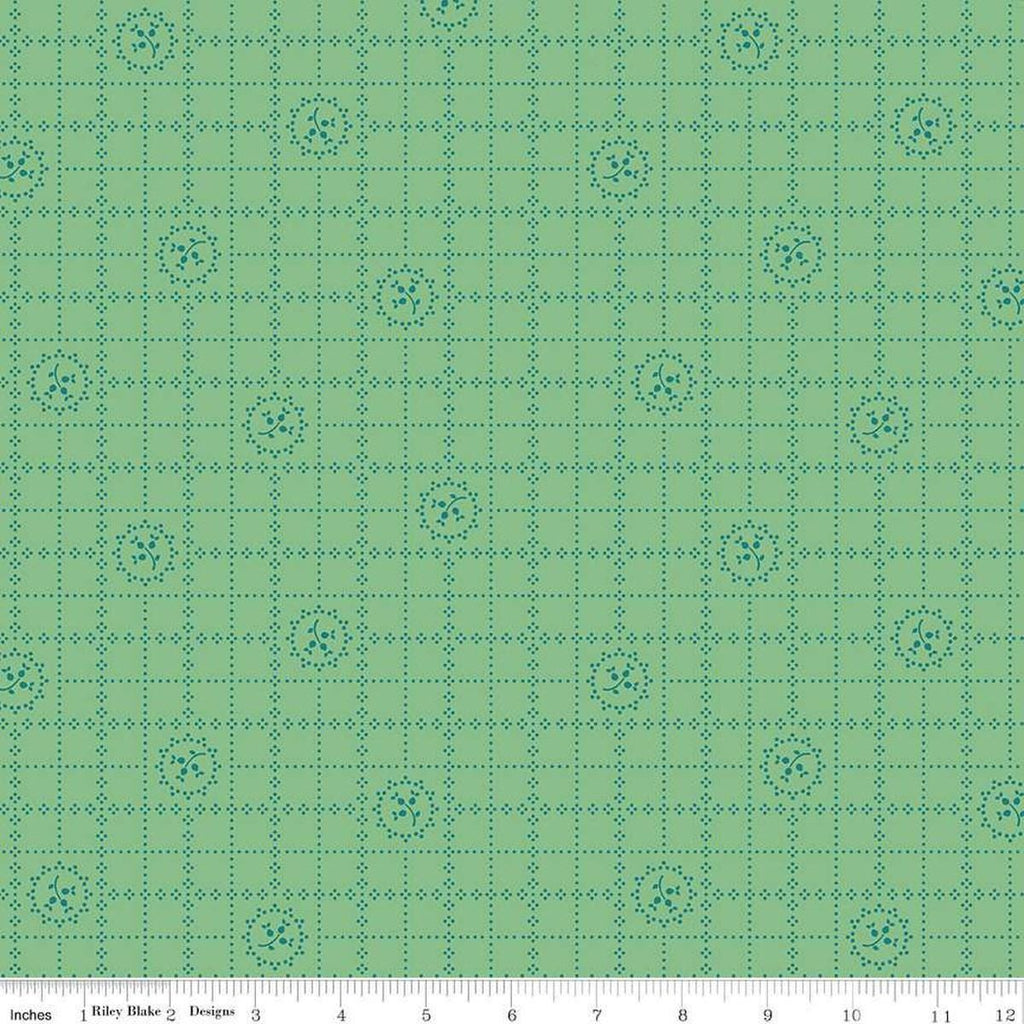 Image of the Gentler Times Delicate Leaf quilting cotton fabric by Riley Blake Designs. Features flowers on a green background. Cute Little Fabric Shop