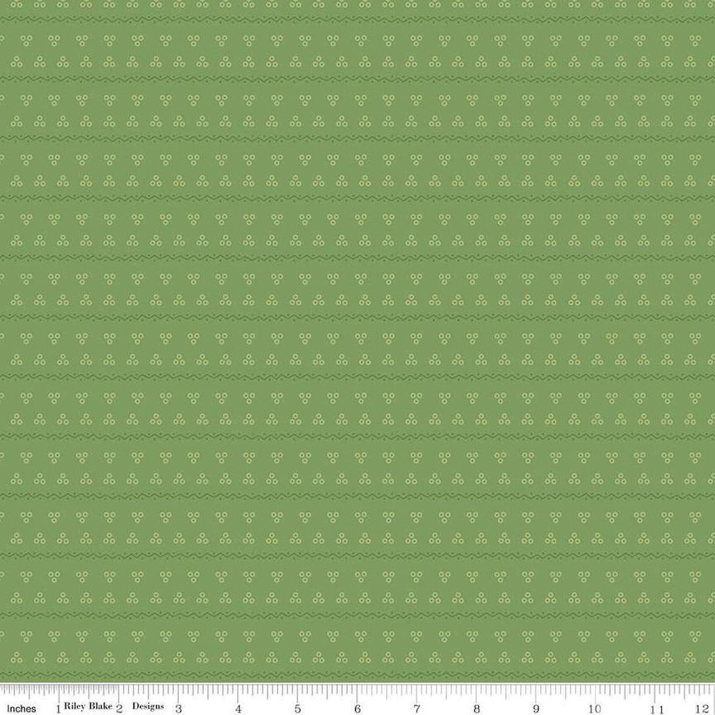 Image of the Gentler Times Remember Basil quilting cotton fabric by Riley Blake Designs. Features dots on a green background. Cute Little Fabric Shop