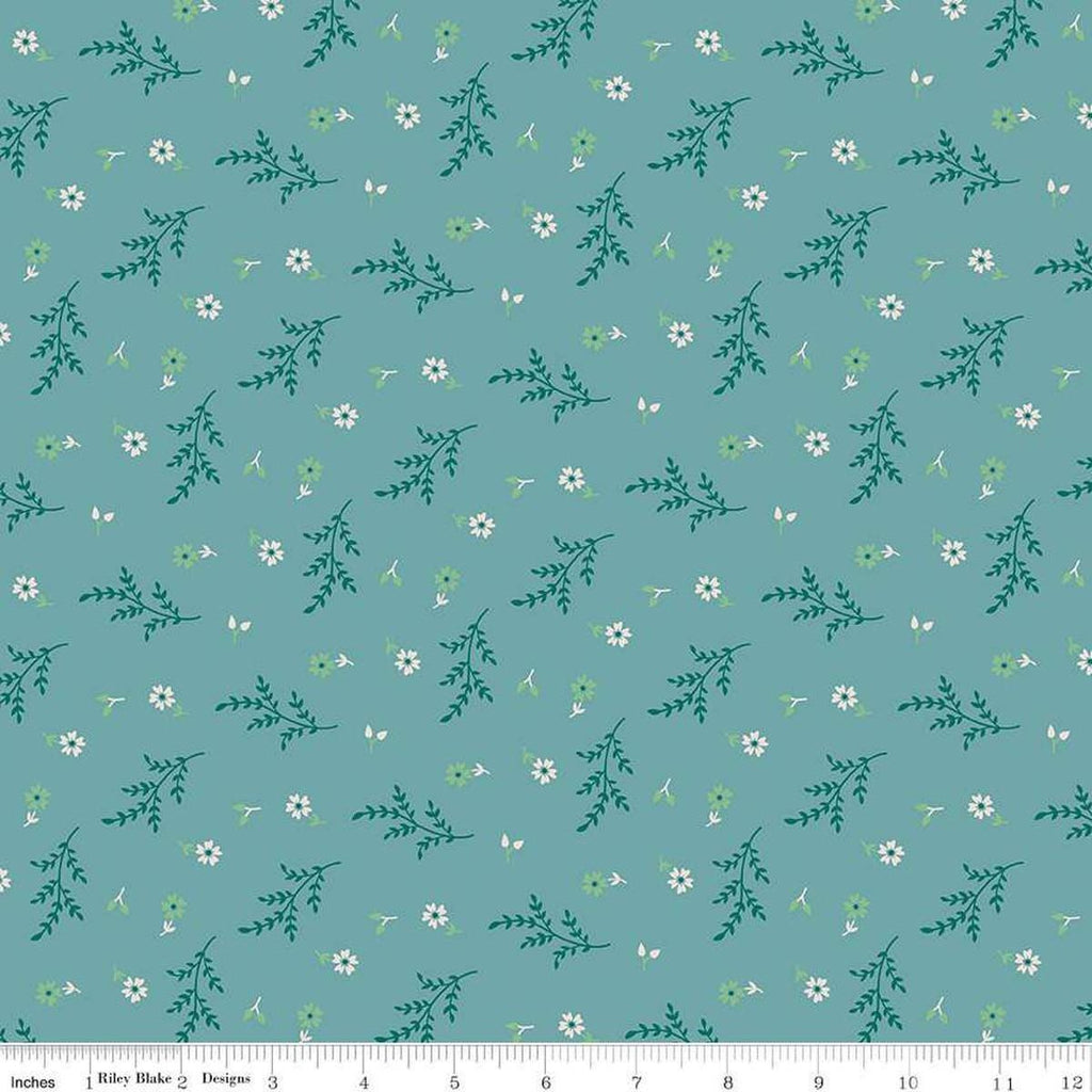 Image of the Gentler Times Delightful Raindrop quilting cotton fabric by Riley Blake Designs. Features flowers on a blue background. Cute Little Fabric Shop