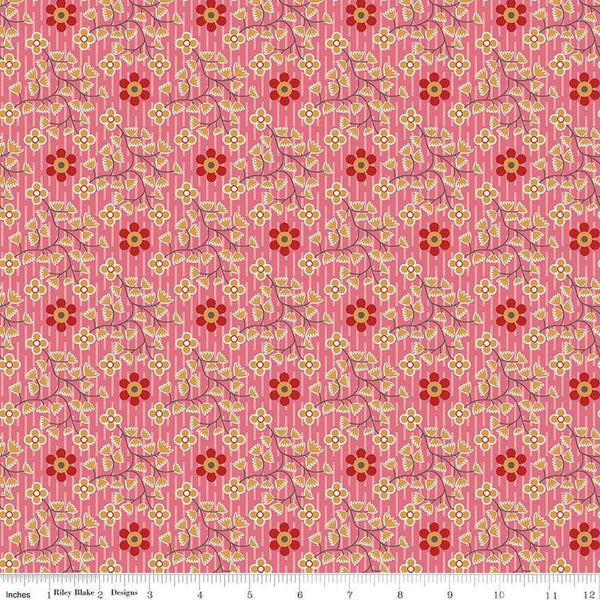 Image of the Gentler Times Swell Tea Rose quilting cotton fabric by Riley Blake Designs. Features flowers on a pink background. Cute Little Fabric Shop