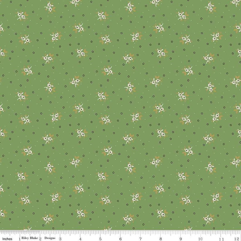 Image of the Gentler Times Lovely Basil quilting cotton fabric by Riley Blake Designs. Features flowers on a green background. Cute Little Fabric Shop