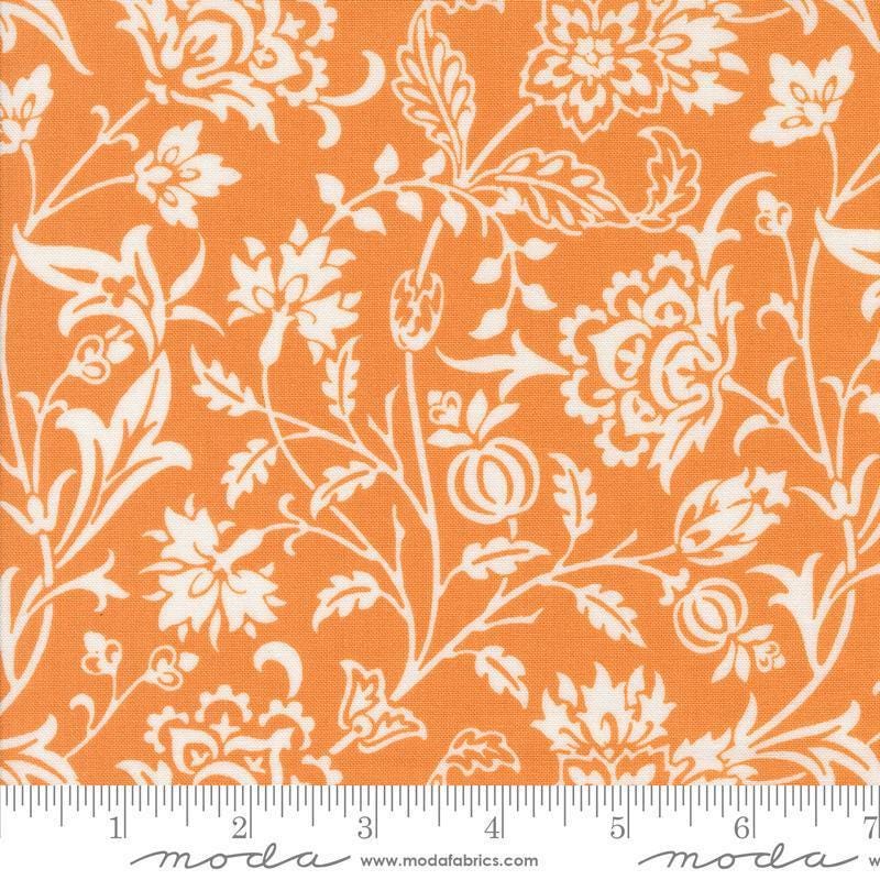 Image of the Agatha Road Harvest Pumpkin quilting cotton fabric by Moda Fabrics. Features vines on an orange background. Cute Little Fabric Shop