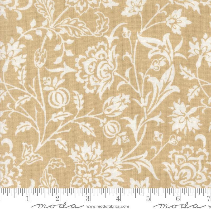 Image of the Agatha Road Harvest Fog quilting cotton fabric by Moda Fabrics. Features vines on a tan background. Cute Little Fabric Shop