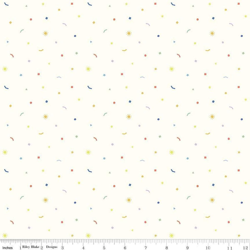 Image of the New Box of Crayons Confetti Cloud Quilting Cotton Fabric by Riley Blake Designs. Features confetti on a cream background. Cute Little Fabric Shop