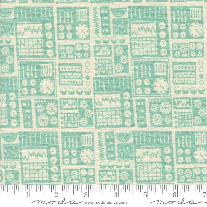 Image of the 321 Blast Off Dashboard Blue Nebula quilting cotton fabric by Moda Fabrics. Features vintage radios on a blue background. Cute Little Fabric Shop
