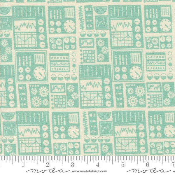 Image of the 321 Blast Off Dashboard Blue Nebula quilting cotton fabric by Moda Fabrics. Features vintage radios on a blue background. Cute Little Fabric Shop