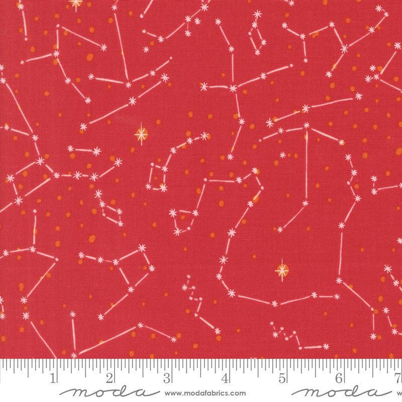 Image of the 321 Blast Off Constellation Mars quilting cotton fabric by Moda Fabrics. Features stars on a red background. Cute Little Fabric Shop