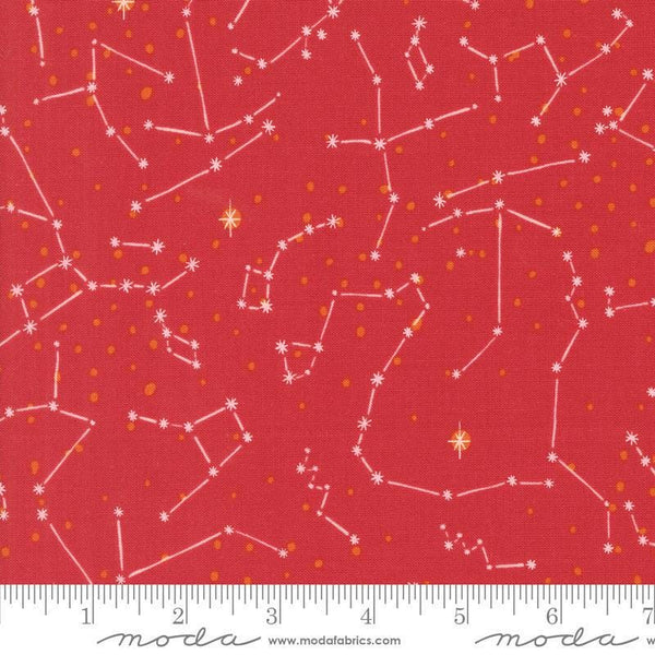 Image of the 321 Blast Off Constellation Mars quilting cotton fabric by Moda Fabrics. Features stars on a red background. Cute Little Fabric Shop