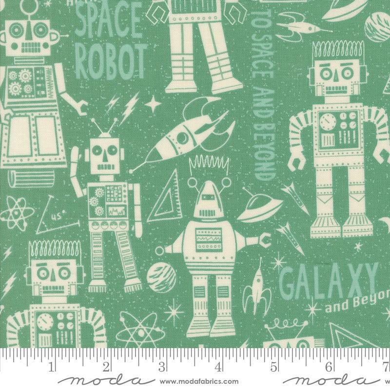 Image of the 321 Blast Off Robots Neptune quilting cotton fabric by Moda Fabrics. Features vintage robots on a green background. Cute Little Fabric Shop